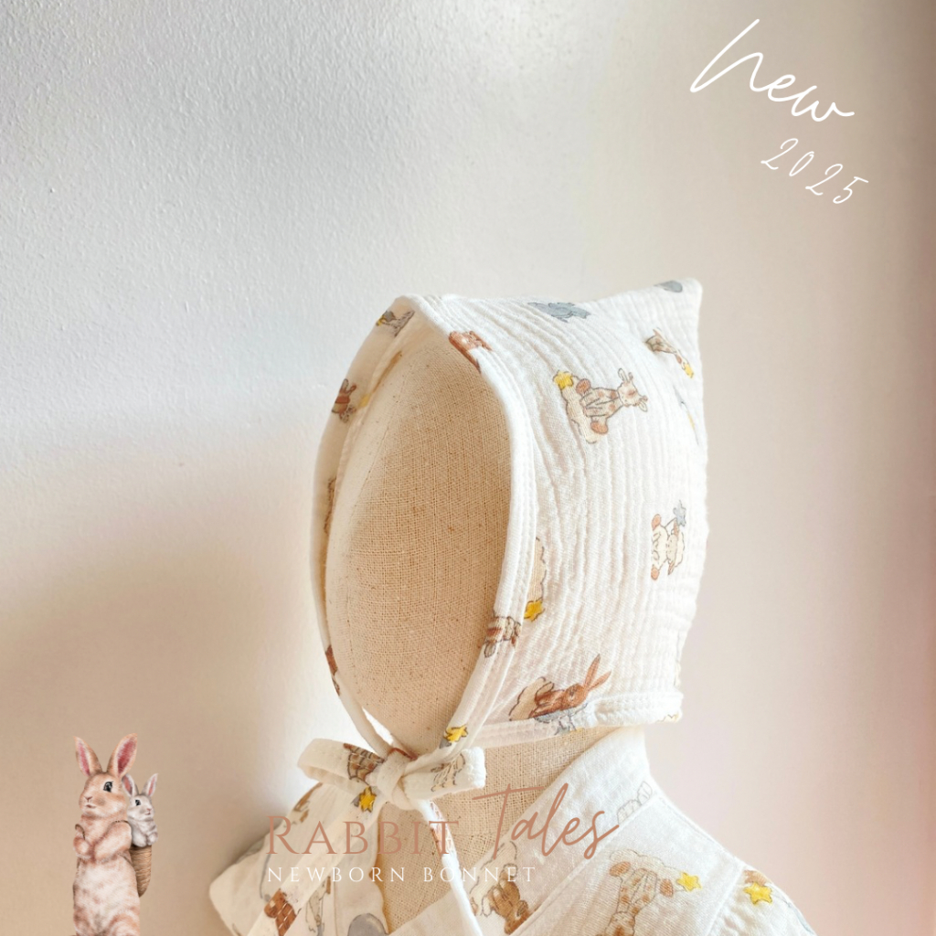 Cali หมวก ผูกคาง เด็กเล็ก ผ้ามัสลินทอ *Rabbit tale🐇 *ป้าย Cali Baby