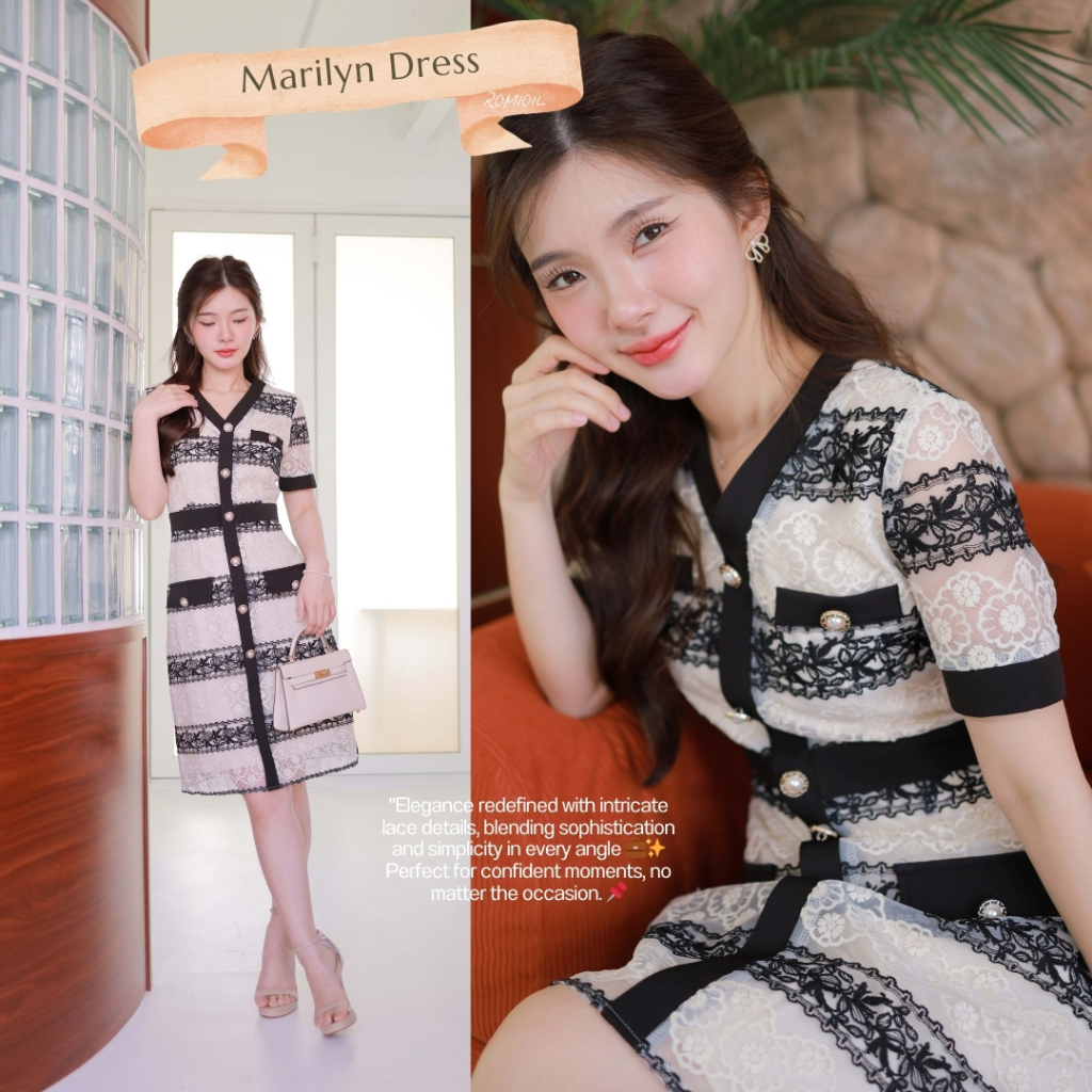 Romi"Oil" Marilyn Dress (Black) J620 ชุดเดรสสีดำ (ลูกไม้คอวีแต่งกระดุมหน้า)