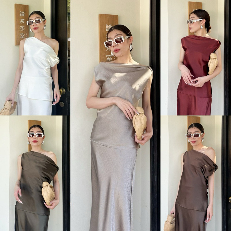 พร้อมส่ง (เสื้อ) #9911 x2 เสื้อซาติน คอปาด แขนกุด เสื้อปาดไหล่ เรียบหรู ออกงาน