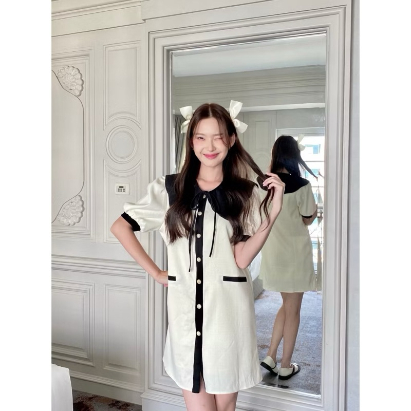 จากร้าน chushop ไม่เคยใส่ค่า 🥚Oreo dress เดรสสั้นสีทูโทนครีมดำ🥚