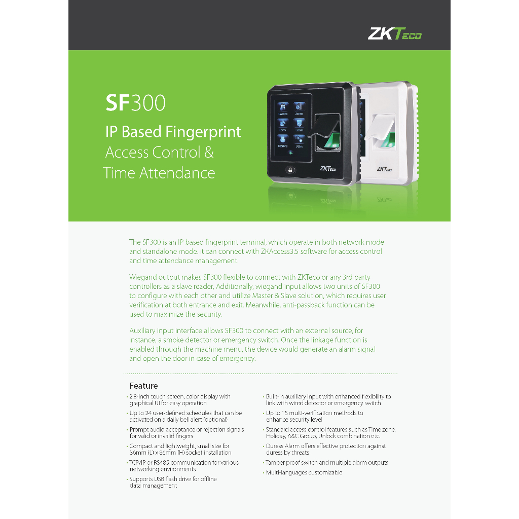 ZKTeco SF300 เครื่องสแกนลายนิ้วมือ กดรหัส จอสัมผัสขนาดกระทัดรัด บันทึกเวลา ควบคุมประตู รับประกันศูนย์ไทย 1 ปี