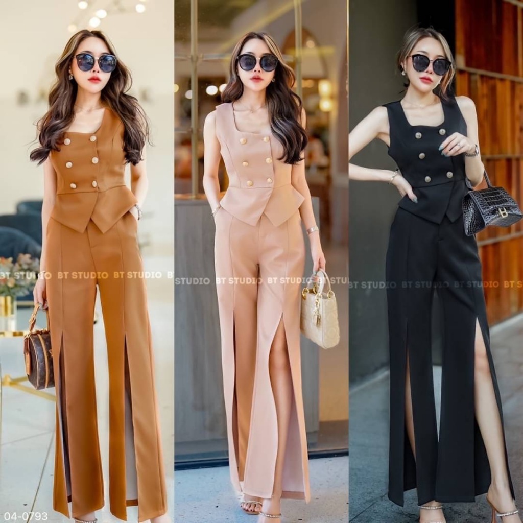 BT 04-0793 เซท 2 ชิ้น เสื้อแขนกุดคอตัดสี่เหลี่ยม ซิปหลัง ปลายชายตัดแหลม แมทซ์กับกางเกงขายาวผ่าสูงทั้งสองข้าง งานมีซับใน