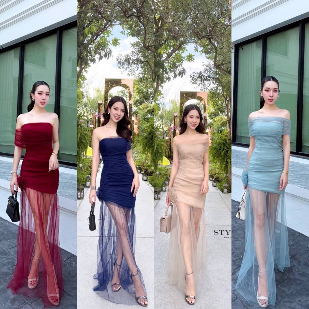 Stylista เดรสทรงพอดีตัว ไหล่เฉียงผ้าซีทรู  ชายกระโปรงยาวเป็นซีทรู