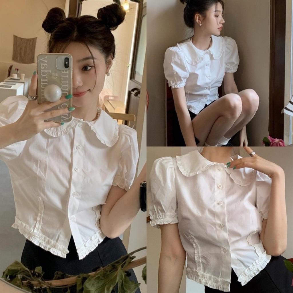 🧡🧵 🇰🇷 W3634 เสื้อแขนตุ๊กตา แต่งปกและชายเสื้อ ทรงน่ารักมากค่ะ แฟชั่นเกาหลี TAG WG.WE 🧵🧡