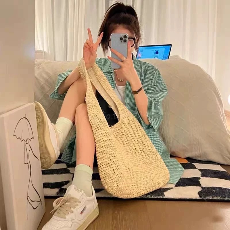 สไตล์เกาหลีใหม่กระเป๋าสาน กระเป๋าถัก hobo BAG ทรงย่าม มัซับใน(จัดส่งจากประเทศไทย)