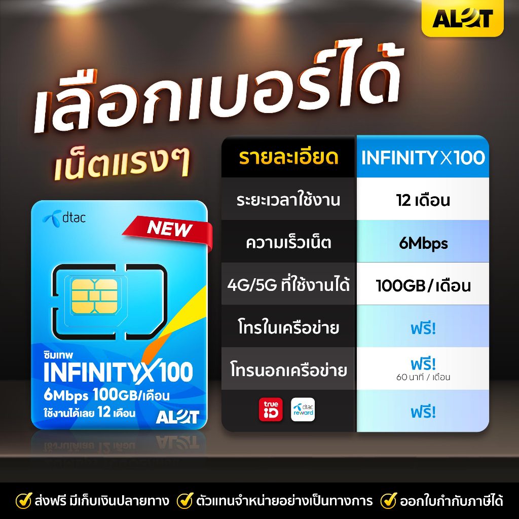 [ infinity X 100 ] เลือกเบอร์ SET 1 ซิมเทพ sim dtac 6Mbps 100GB 1ปี โทรฟรี 60 นาที /เดือน ซิมรายปี S