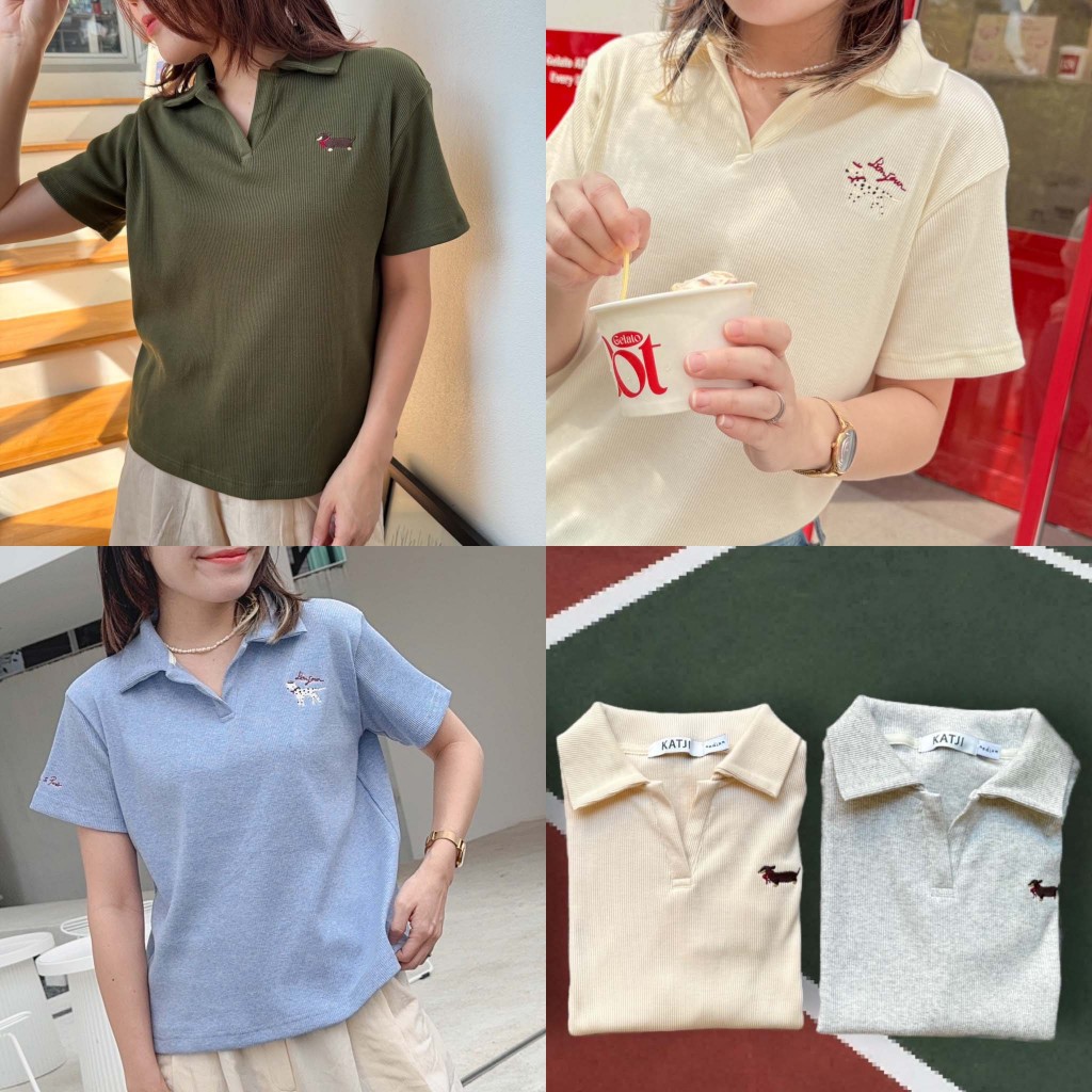 katji / พร้อมส่ง Polo Cropped เสื้อครอปผ้ายืดปกโปโล ปักลาย S/M