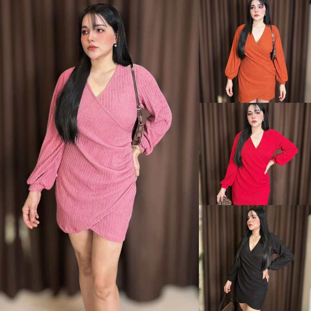 เดรสไขว้หน้าทอฟฟี่ Dress76 สีดำ ชมพู ส้ม แดง ไซส์ 1-3 Clothing, Lady เสื้อผ้า ผู้หญิง Women