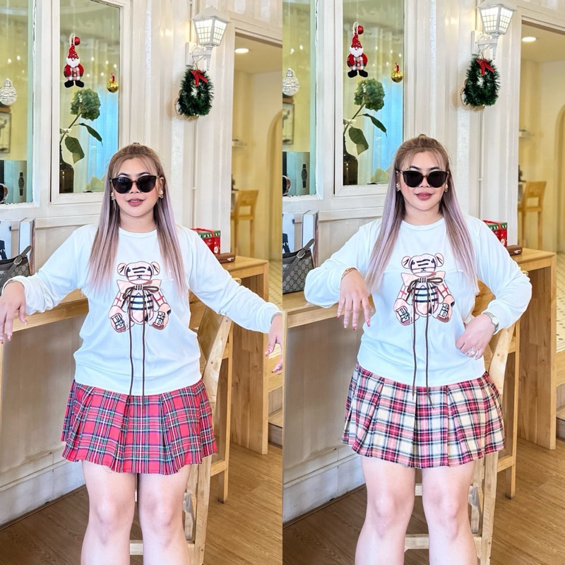 ชุดเซ็ท 2 ชิ้น เสื้อ+กระโปรงทวิตสก็อต (มีซับใน) ติดน้องหมี งานน่ารักมากๆค่า รอบอก 38-50 นิ้ว