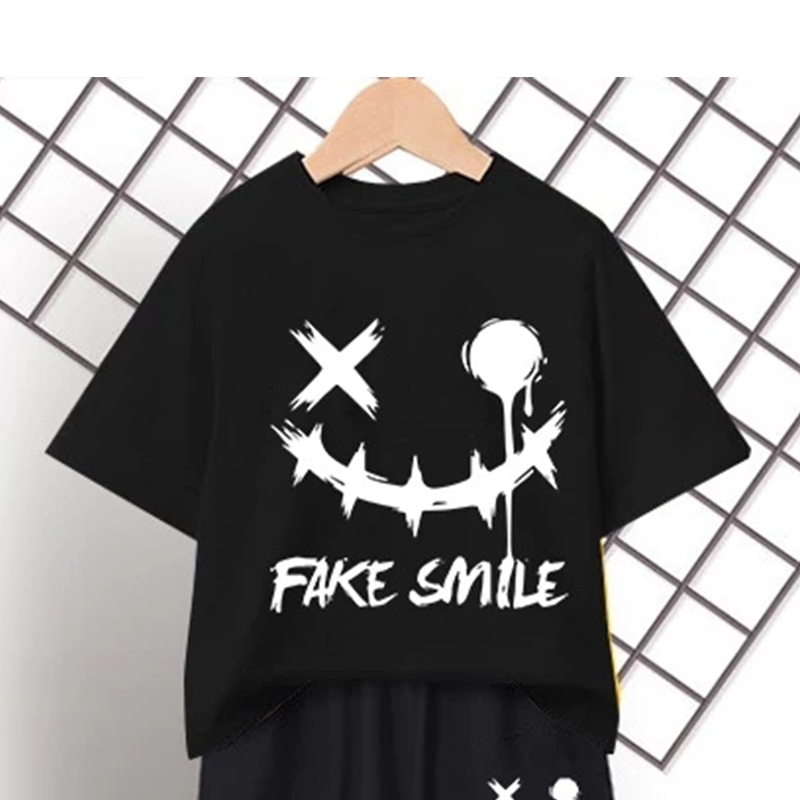 Yout-children kids เสื้อยืด 'FAKE AMILE' พิมพ์ลาย t shirt ผ้าฝ้าย คอกลม แขนสั้น แฟชั่น เสื้อเด็กโต  สีดำ 2025