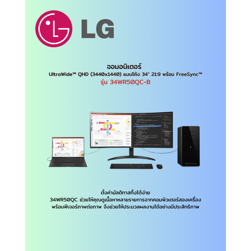 [ผ่อน0%] LG จอมอนิเตอร์ 34WR50QC-B 34" จอโค้ง QHD (3440x1440) 100Hz UltraWide (ชลบุรี ส่งฟรี)