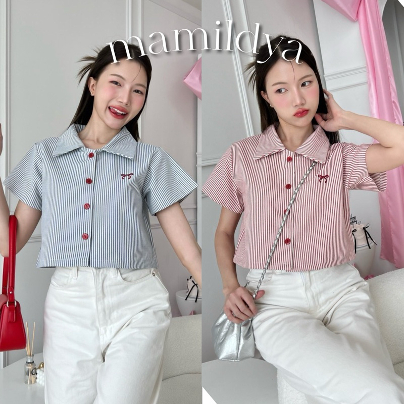 Mamildya.shop เสื้อครอปคอปก ผ้ายีนส์ งานปักโบว์ ตัดด้วยกระดุมแดง/ P2-1 /PROD-ดุมแดง5