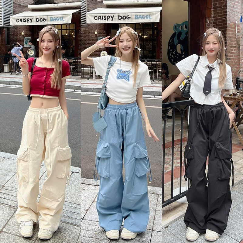 ผู้หญิงขนส่งสินค้ากางเกงเอวสูงลำลองกางเกงด้านข้างกระเป๋ากางเกงสไตล์อเมริกันวินเทจ 5 สี