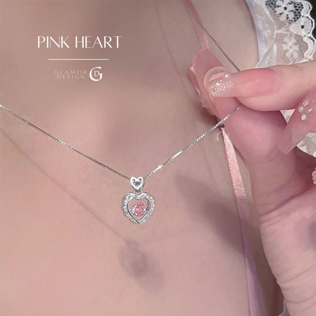 GLAMOR✨สร้อยเงิน Pink Heart สร้อยหัวใจ สร้อยคอเงินแท้925 จี้เพชร สร้อยคอแฟชั่น สร้อยเพชร จี้ความรัก
