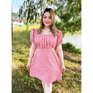 เดรสสาวอวบสีชมพูใส่ออกงานแต่งงานมงคลเพื่อนเจ้าสาวใส่เที่ยวคาเฟ่