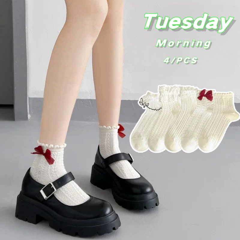 (ได้รับ 2-3 วัน)  จัดส่งจากประเทศไทย~ถุงเท้าข้อเท้าสไตล์ JK สีขาวประดับโบว์ลูกไม้ถุงเท้านักเรียน