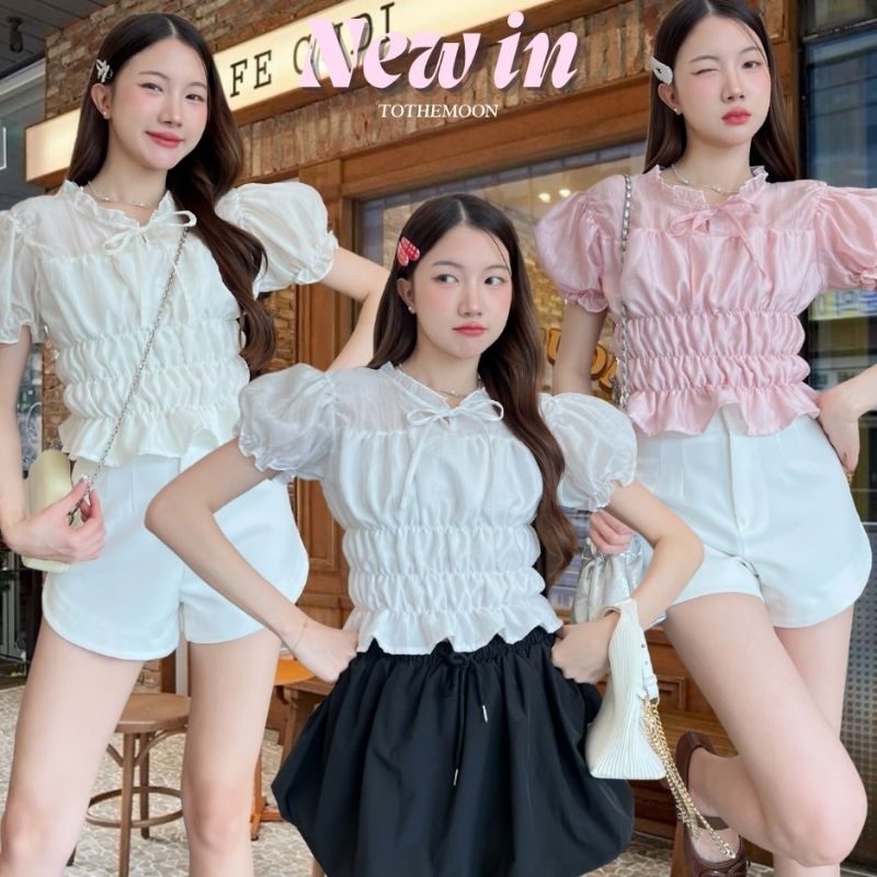 Enfant : เสื้อแขนตุ๊กตา จั้มเอว3ชั้น แต่งระบายผูกโบว์อก รูปที่ 3