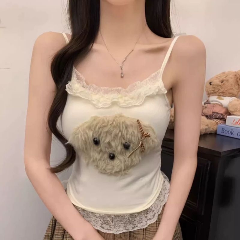 diary​​(bratop790)​ เสื้อสายเดี่ยวสุดน่ารักติดลูกหมาน่ารักขนนิ่มกลางอก เสื้อรัดรูป สีพื้น ตัดขอบลายลูกไม้ ราคา ถูกที่สุด ดีลบีเคเค แกลเลอรีภาพที่ 9