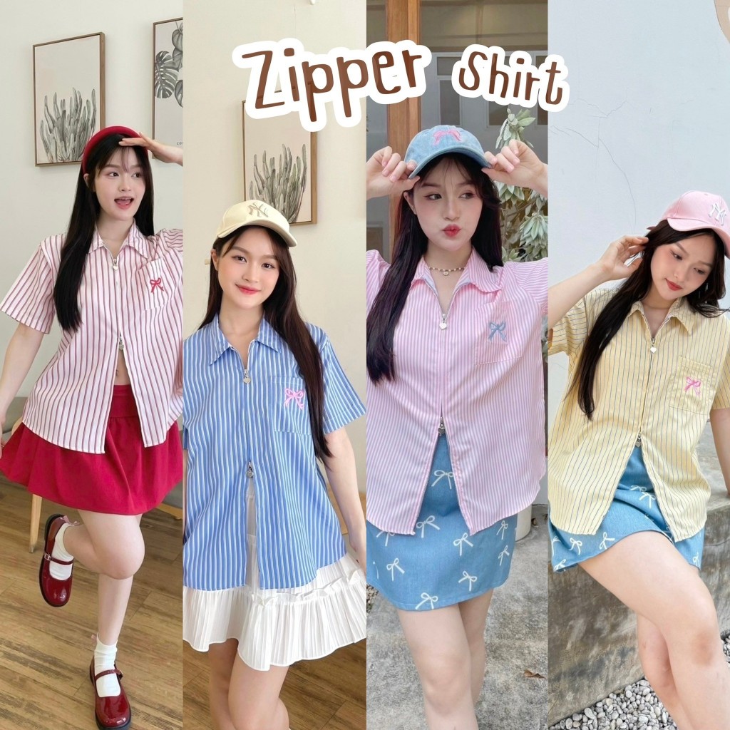 🇹🇭มีส่งด่วน🇹🇭 เสื้อเชิ้ตซิปหัวใจ ปักกระเป๋า ผ้าโพลี #FF04