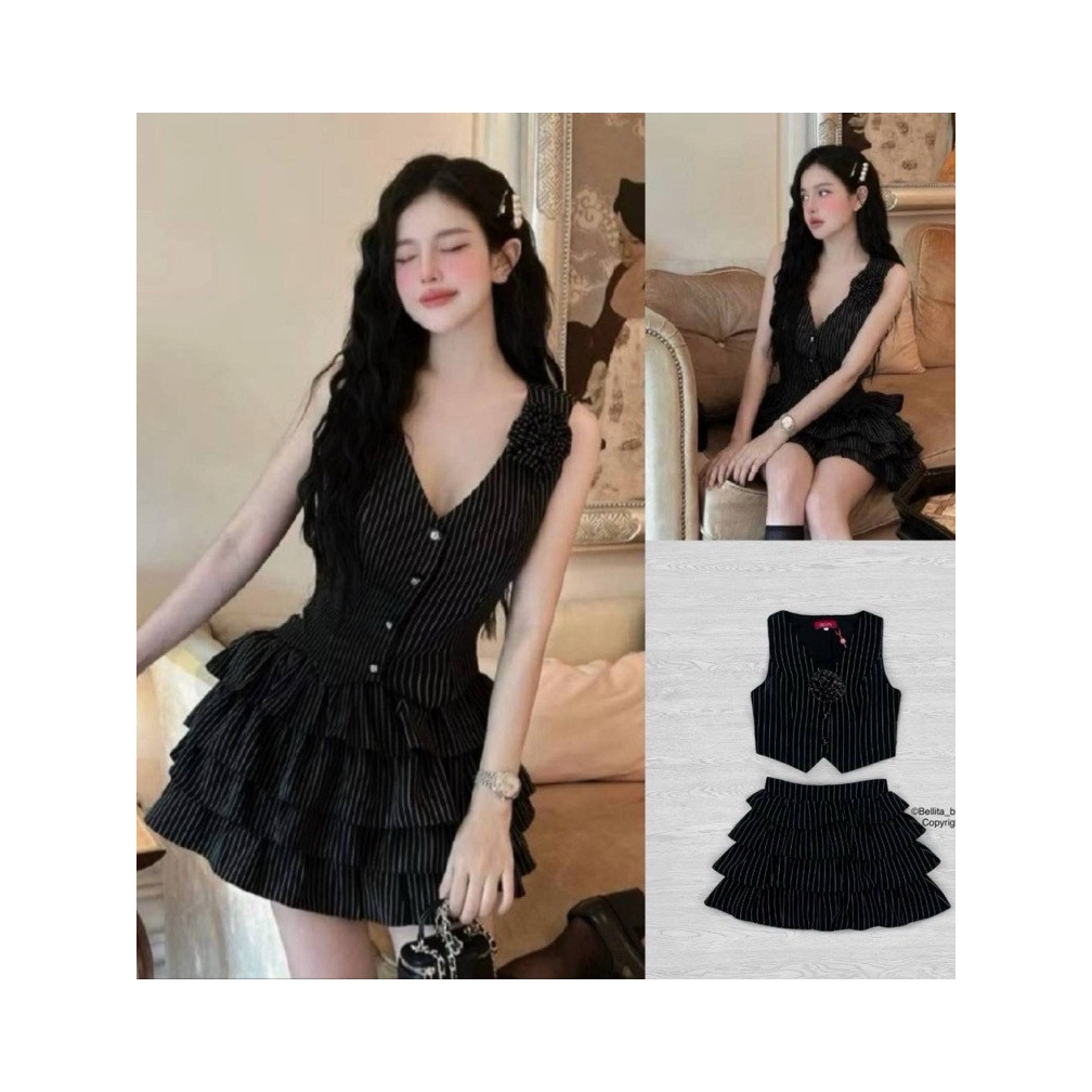 ♥️พร้อมส่ง XS♥️ป้าย Bellita ชุดเซ็ท 3 ชิ้น ลายริ้วสีดำ
