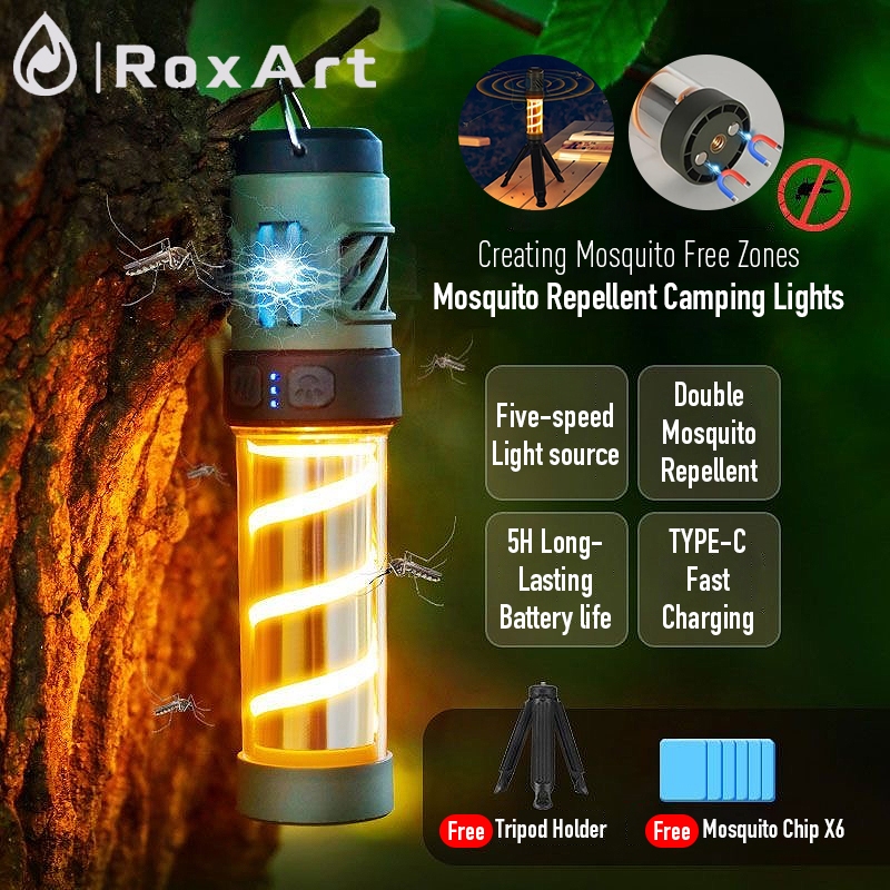 RoxArt ไฟแคมป์ปิ้ง เครื่องไล่ยุง USB ชาร์จโคมไฟตั้งแคมป์  ไฟกันน้ำสำหรับตกปลากลางคืนและแคมป์ปิ้ง