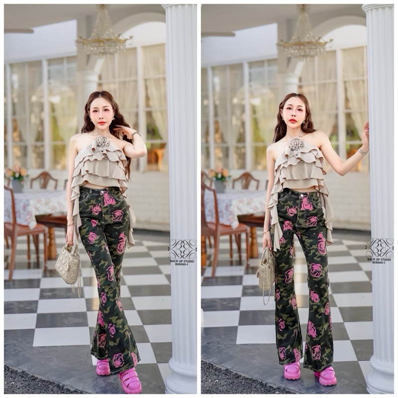 LUNA8060 กางเกงยีนส์ขายาวทรงขาม้า ผ้าพิมพ์ลายทหารxสกรีนลายกุหลาบชมพู S-6XL