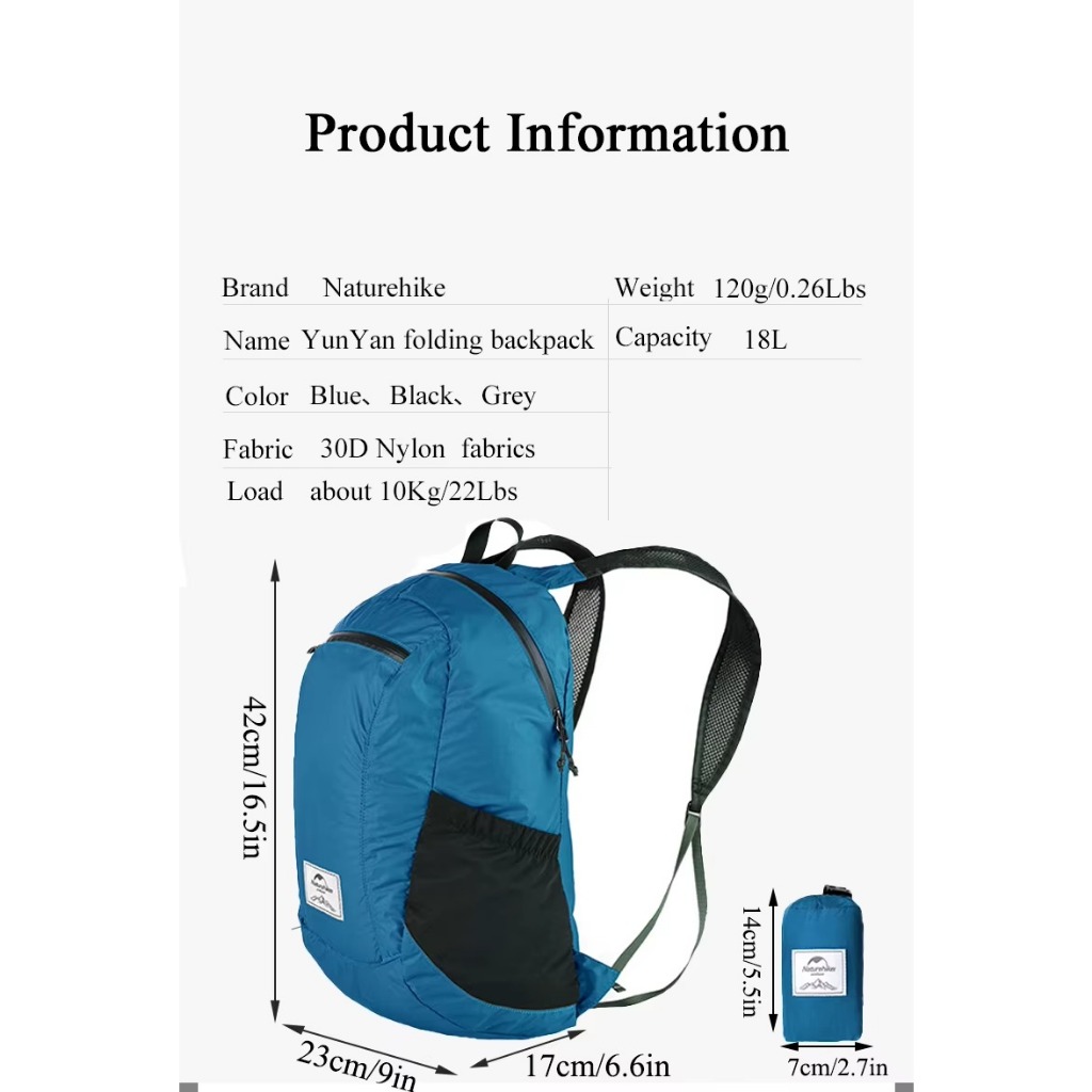 Naturehike 18 L เป้เดินป่าเป้สะพายหลังอัลตราไลท์พับเก็บได้กระเป๋าเดินทางท่องเ ที่ยวกลางแจ้งกระเป๋าเป้ตั้งแคมป์กลางแจ้ง