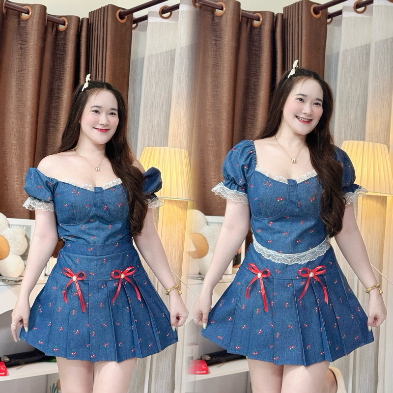 Set cherry 2 ชิ้นเสื้อแขนตุ๊กตา+กระโปรง ( Ch-02 ) 🍒✨