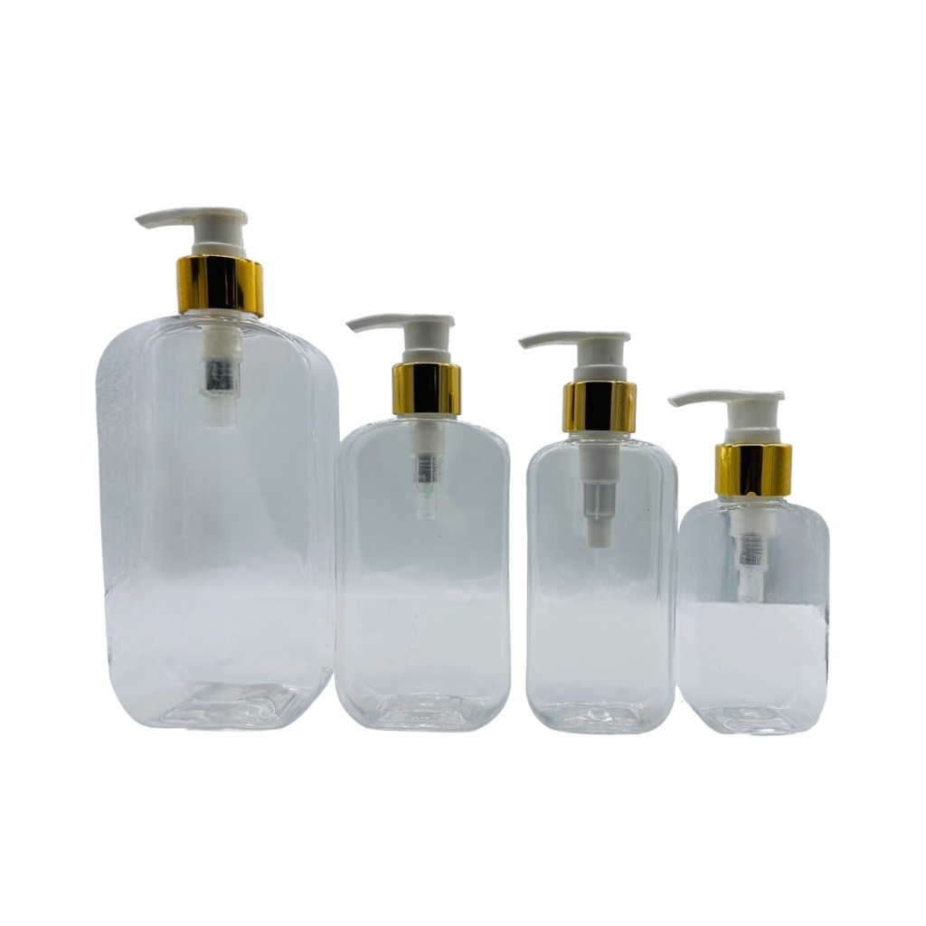 ขวดเหลี่ยมแบน ปั้มดีดขาวใสทองเงา 100ml./150ml./250ml.500ml.