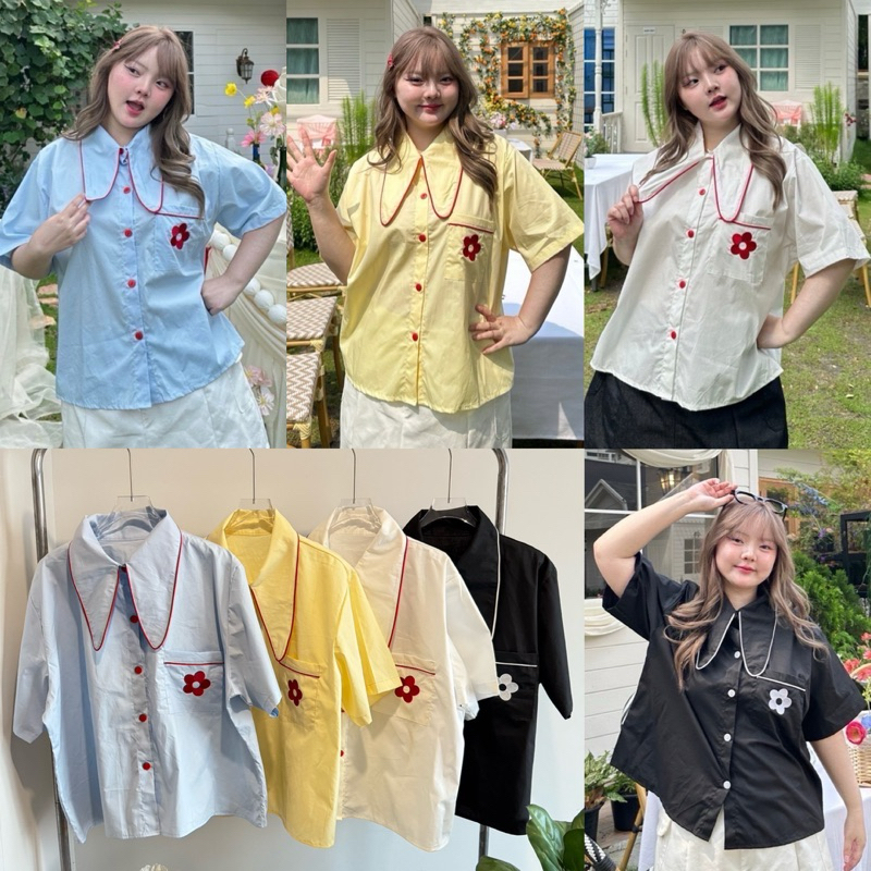 ✅เข้าเพิ่ม พร้อมส่งค่า/JR/ เสื้อเชิ้ตสาวอวบ ปกหูกระต่าย ปักดอก แต่งกุ๊นและกระดุมตัดสีผ้า #เสื้อผ้าไซส์ใหญ่ พลัสไซส์