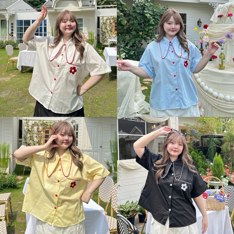 เสื้อเชิ้ตคอปก หูกระต่าย เสื้อเชิ้ตสาวอวบ อก38-48นิ้ว Freesize