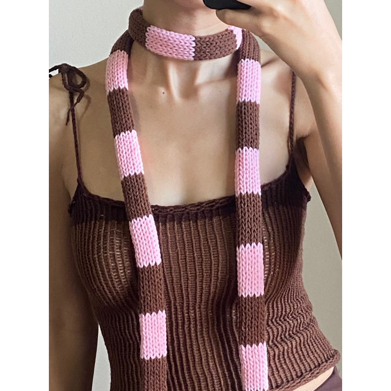 Hopejarstore – Striped Tiny Scarf ผ้าพันคอไหมพรม #Handmade
