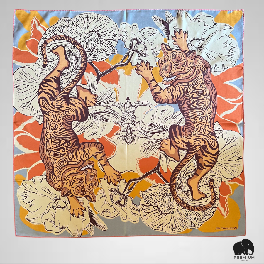 ผ้าพันคอผ้าไหม จิม ทอมป์สัน Silk scarf 33"x33" Jim Thompson ลายเสือคู่