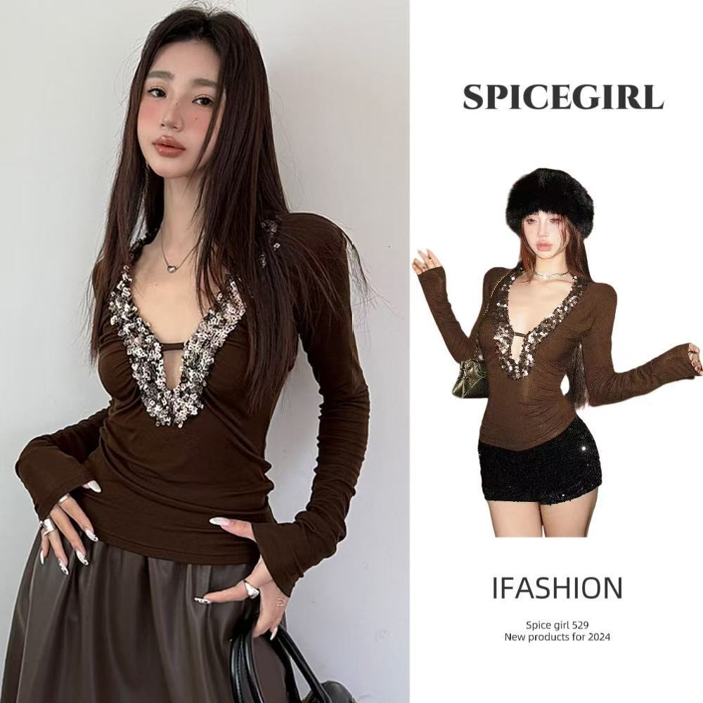 🔥Spice Girl🔥พร้อมส่งไทย เสื้อแขนยาวสีน้ำตาล คอวีลึก ประดับที่เกล็ดระยิบๆหน้าอก สีสันสวยงามโดดเด่น ดูแพง สไตล์เกาหลีฮิต