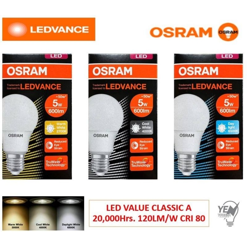 OSRAM หลอดไฟ LED VALUE CLASSIC A 5วัตต์ แสงขาว/แสงคูลไวท์/แสงเหลือง ขั้วE27 20,000 ชม.
