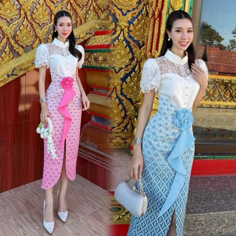 ชุดเซ็ตผ้าไทยสีฟ้ารับงานบุญ S-L Thai Print Set3