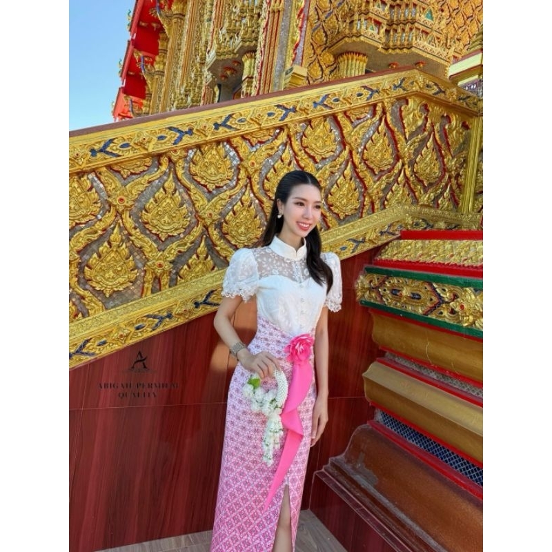 ชุดเซ็ตผ้าไทยสีฟ้ารับงานบุญ S-L Thai Print Set3 รูปที่ 4