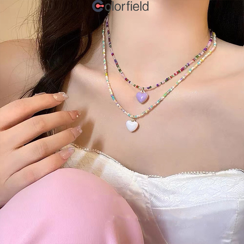 Colorfield สร้อยคอ จี้ลายหัวใจผีเสื้อ ลูกปัที่มีสีสัน น่ารักแฟชั่น y2kสไตล์เกาหลี ปรับขนาดได้โซ่ อารมณ์ สร้อยคอ-ส่งเร็วจ
