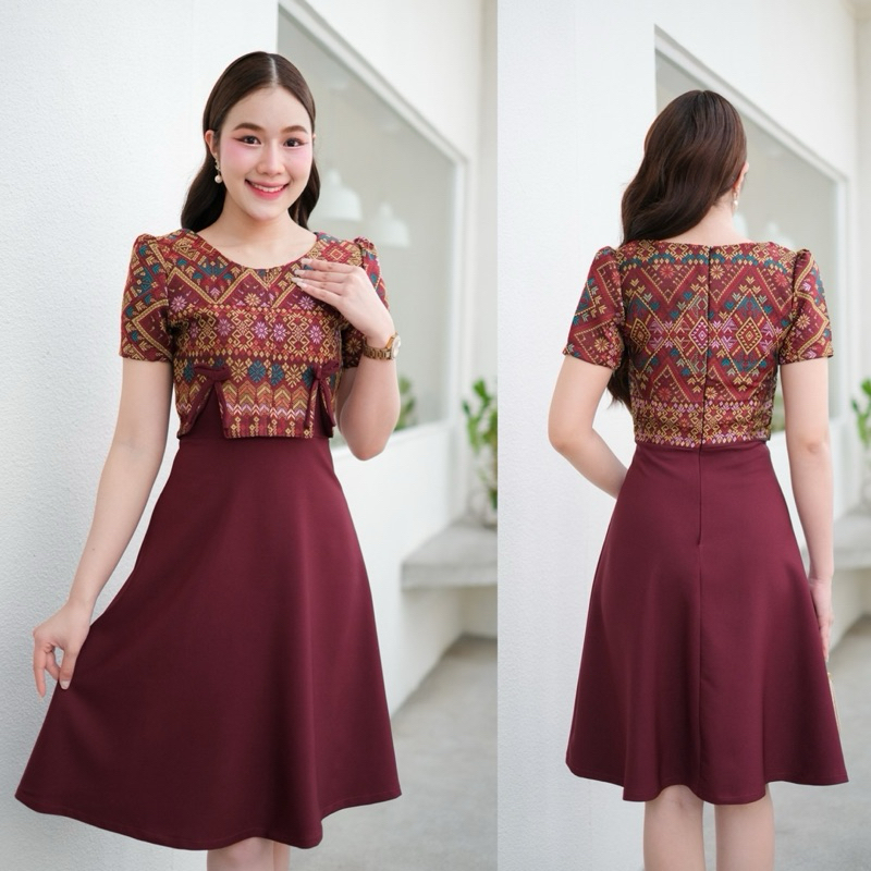 ส่ง 2-4วันชุดผ้าทออัดกาว ลายไทย น่ารักๆ คู่กับกระโปรงบาร์บี้ สวย สดใส เสื้อผ้า ผู้หญิง Women Lady Clothing Dress เดรส - รูปที่ 3