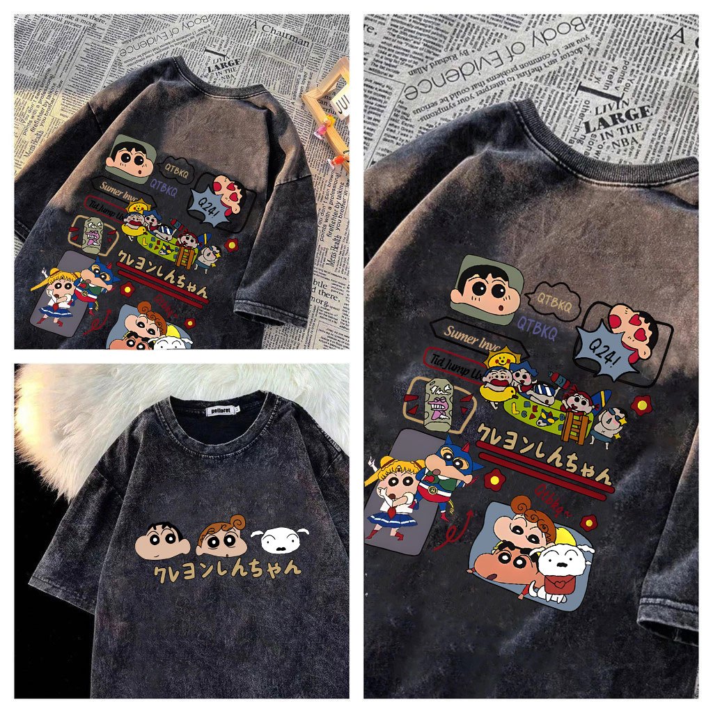 เสื้อยืดฟอกเฟดเทา ลายการ์ตูน Cotton 100% Oversize ใส่คนอ้วน ไซส์ใหญ่ (คอกลมวินเทจ)
