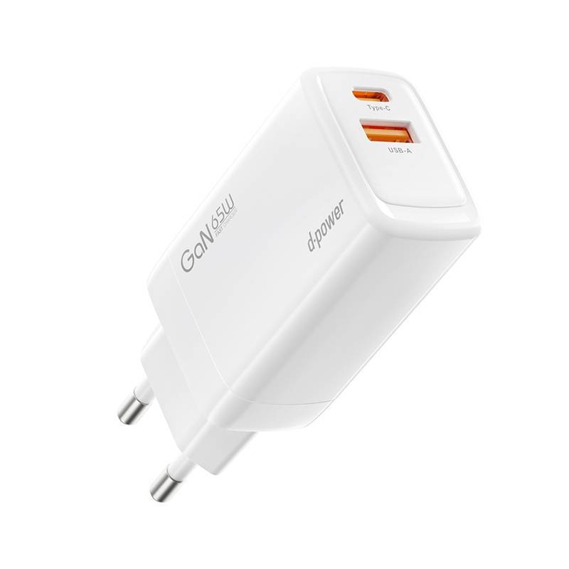 d-power Adapter GaN65W Super Fast Charger สีขาว รุ่น AG-66 หัวชาร์จเร็ว PD 65W 2 พอร์ต Type C/USB-A