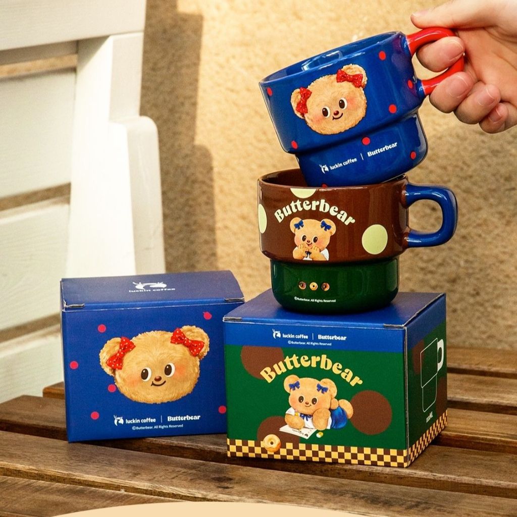 🐻พร้อมส่ง💝แก้วมัคแบรนด์ร่วม Luckin Butter Bear สามารถซ้อนกันได้
