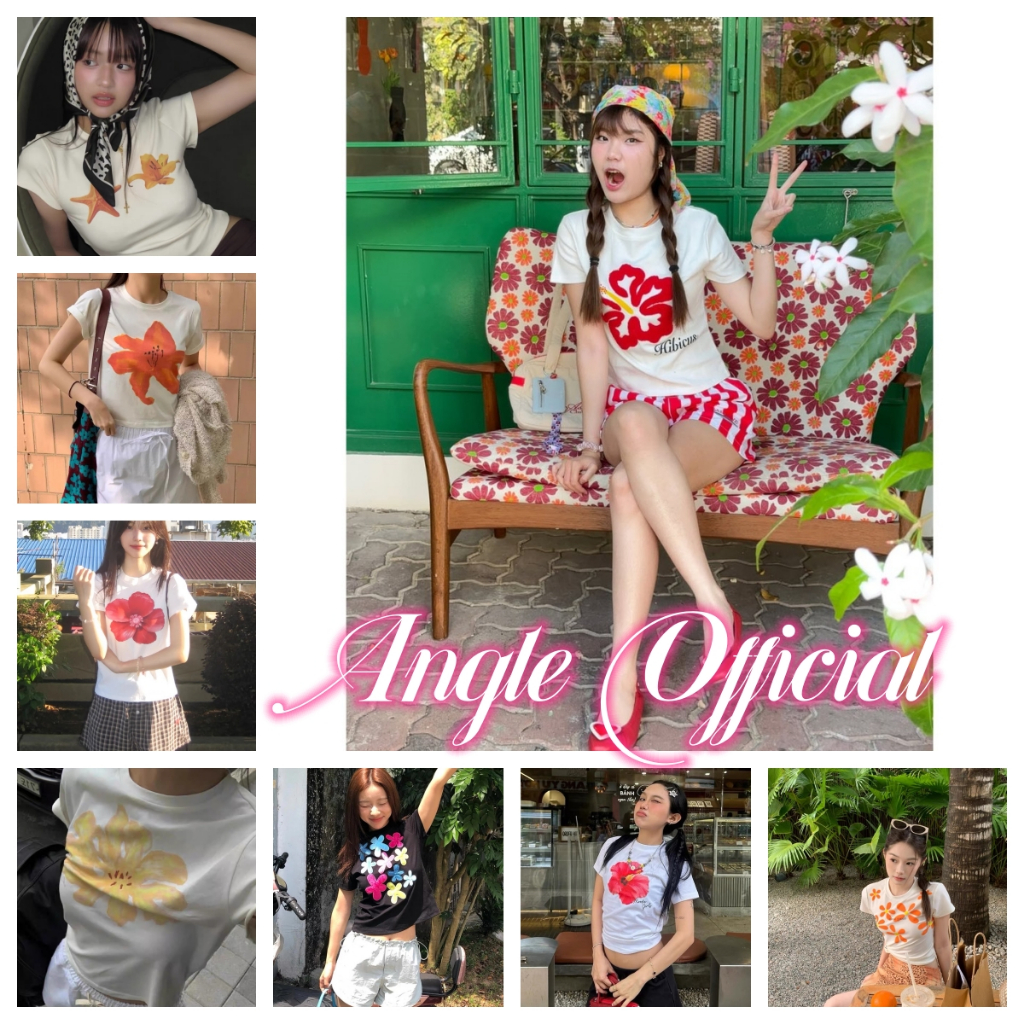 (จัดส่งตลอด 24 ชั่วโมง）Angle  เสื้อ baby tee กลิสเตอร์ ชบา เพชรวิ้ง 2025