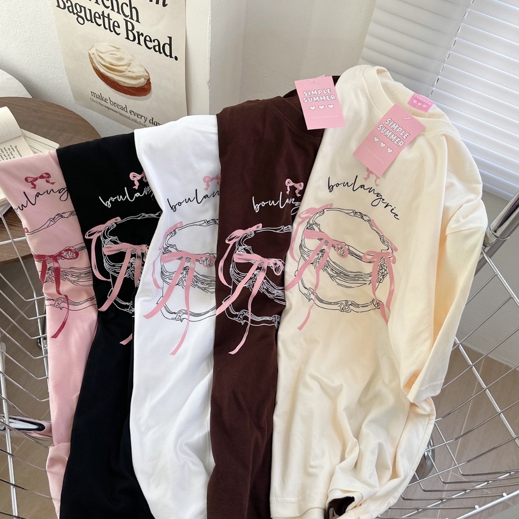 S335 เสื้อยืด oversize ผ้าคอตตอน สกรีน โบว์เค้ก