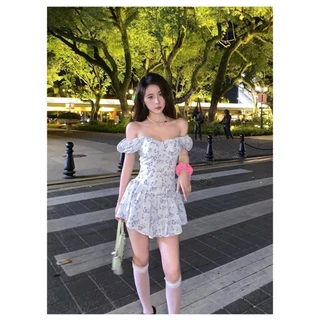 เดรสย้อนยุค เดรสแขนพอง ลายดอกไม้ สั้น เปิดไหล่ สวยหรู