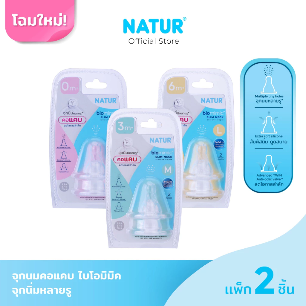 [New] NATUR เนเจอร์ จุกนม จุกนมเด็ก จุกนมซิลิโคน จุกนมคอแคบ ไบโอมิมิค ไซซ์ S/M/L แพ็ก 2