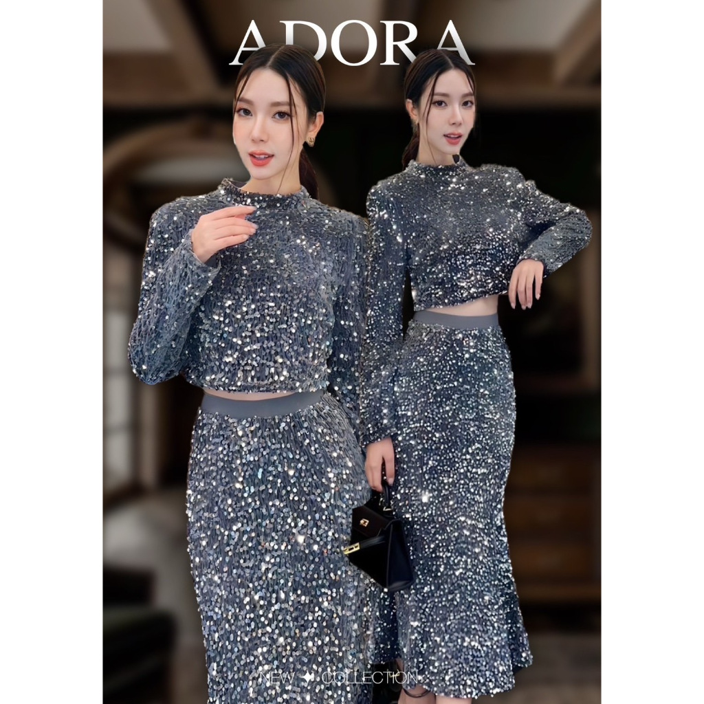 ADR005 ADORA BRAND Set สีเทา เสื้อครอปแขนยาวดีไซน์คอปีน + กระโปรงทรงหางปลา [2PM]