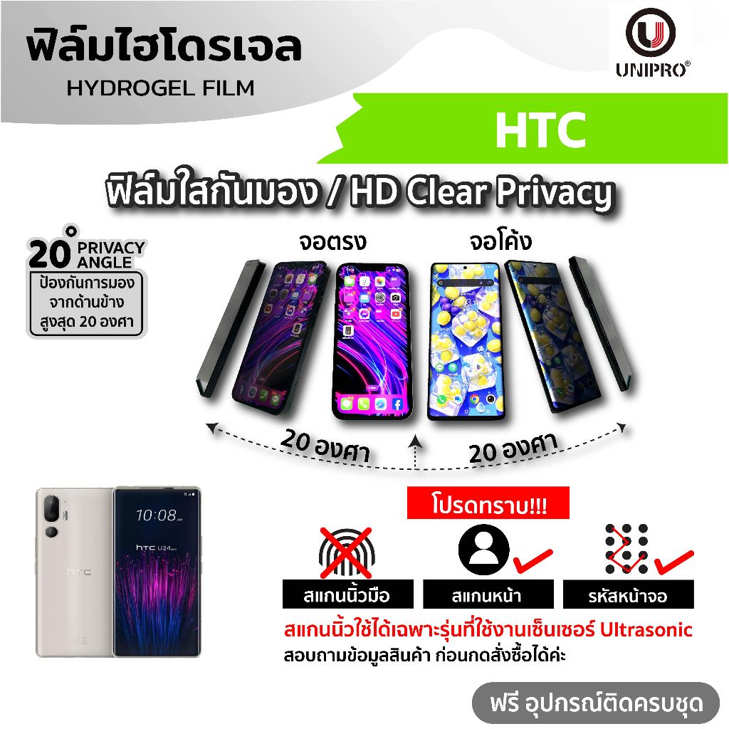 UniPro ฟิล์มใสไฮโดรเจลกันมอง (HTC) รุ่น U23 U24 Pro