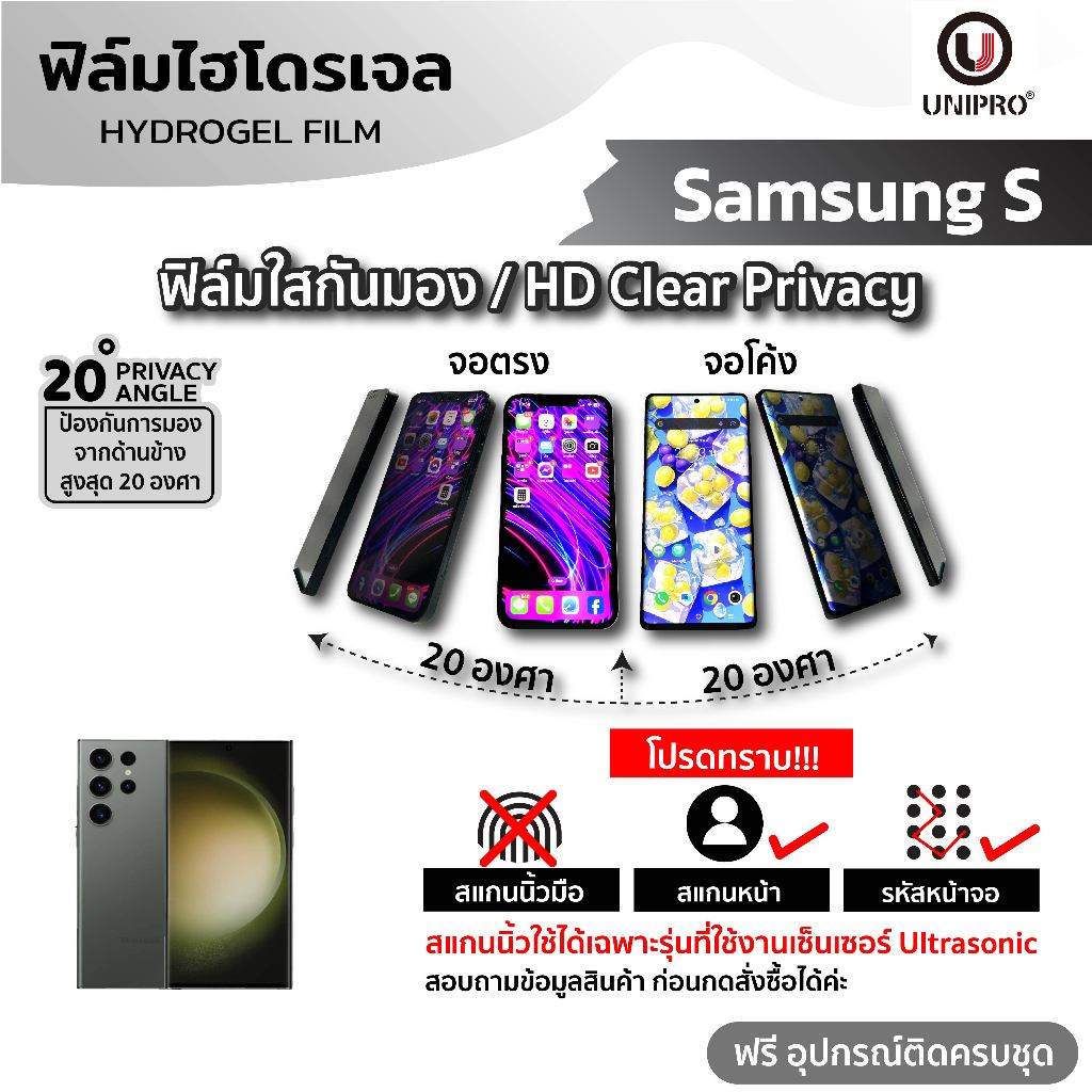 UniPro ฟิล์มใสไฮโดรเจลกันมอง (SAMSUNG S) รุ่น S21 S22 S23 S24 Ultra Plus FE