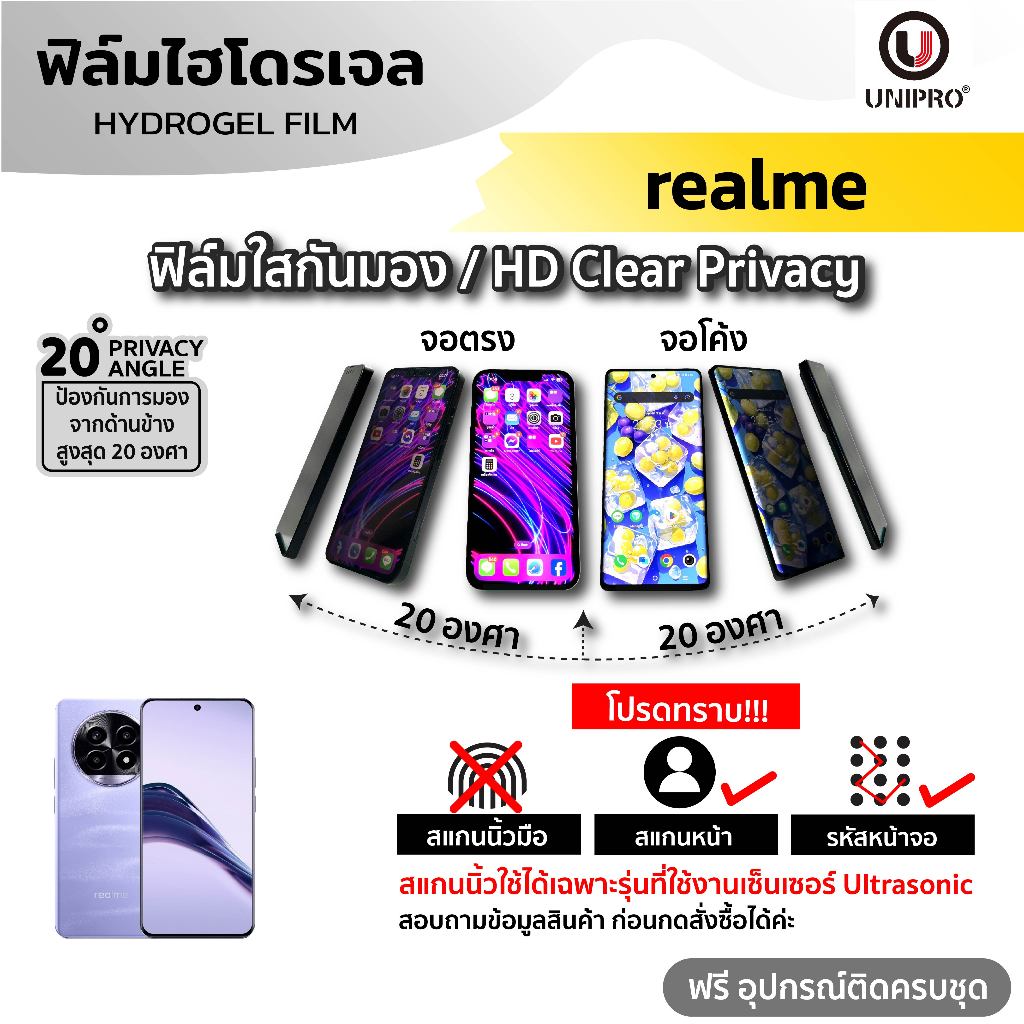 UniPro ฟิล์มใสไฮโดรเจลกันมอง (REALME) รุ่น 9 9i 10 11 11X 12 12X 13 Pro Plus FreeFire 5G